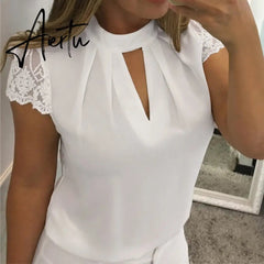 5XL Large Size New Women Sexy Lace White Blouse Shirt Ladies Short Sleeve V-neck Casual Slim Chiffon Shirts Blusas Top Mujer Aiertu