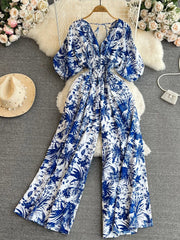 Aiertu Summer Women Sexy V-Neck Puff Sleeve Printed Romper Female Black/Red/Blue/Yellow Wide Leg Jumpsuits Vacation Beach New Fashion Aiertu