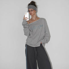 Aiertu Letter Print Long Sleeve Skew Collar Loose Casual Irregular T-Shirt Fashion Vintage Tops Autumn Streetwear Sweatshirt Aiertu