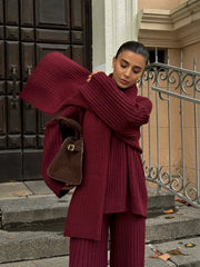 Aiertu - Elegant Burgundy Long Sleeve Sweater Pants Set Fashion Knitted Scarf Pullover Trousers Suits Autumn Winter Lady Warm Streetwear Aiertu