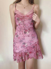 Aiertu -Vintage Print Lace Trim Mesh V-Neck Cami Dress aiertu