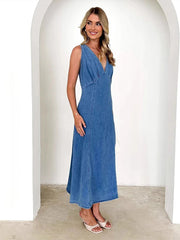 Aiertu - Vintage V-neck Woman's Denim Dress Baggy Sleeveless Maxi Dress Distressed Soild Long Skirt Summer Spring Elegant Lady Skirts Aiertu