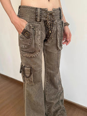Aiertu - Cowgirl Lace Up Low Waist Cargo Jeans Do Old Zipper Decor Distressed Brown Boot Cut Pants 90s Retro Women Streetwear Aiertu
