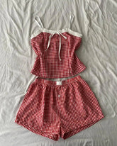 Aiertu - Harajuku Leisure Home Two Piece Sets Women Outfits Red Checkered Striped Pattern Y2k Summer Clothing for Women Camisole Shorts Aiertu