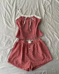 Aiertu - Harajuku Leisure Home Two Piece Sets Women Outfits Red Checkered Striped Pattern Y2k Summer Clothing for Women Camisole Shorts Aiertu