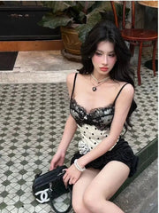 Aiertu - Women Two Piece Set Sexy Lace Patchwork Crop Top Rose Hem Mini Skirt Black White Slim Fit Outfit Club Party Matching Suit 2025 Aiertu
