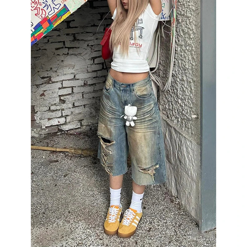 Aiertu Women Short Jeans Blue American Ripped Y2K Straight Streetwear Wide Leg Pants High Waist Female Summer Knee Length Denim Shorts Aiertu