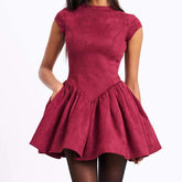 Aiertu - Spring 2025 Women Black Wine Red Backless Dress O Neck Short Sleeve A-line Mini Velvet Dresses Party Robe Aiertu