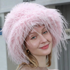 Aiertu - Luxury Plush Faux Fur Bucket Hats For Women Fashion Winter Ostrich Feather Female Thicken Warm Fisherman Caps Party Panama Bob Aiertu