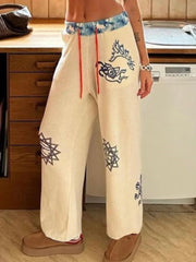 Aiertu - Y2k Aesthetic Streetwear Print Straight Pant Women Casual Patchwork Pantalon Personality Drawstring Grunge Wide Leg Trousers Aiertu