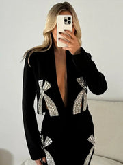 Aiertu - Women Diamonds Bow Cropped Long Sleeve Blazer Suits Fashion Elegant Wrapped Hip Mini Skirts Set New Fashion Evening Party Outfit Aiertu