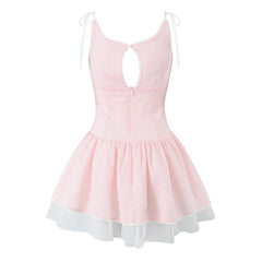 Aiertu - New Women Mesh Patchwork Pink Striped Sling Mini Dress Sexy Low Waist O Neck A-line Holiday Summer Dresses Sweet Robe Aiertu
