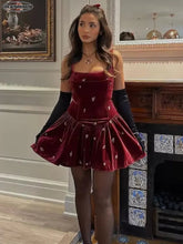 Aiertu - Elegant Burgundy Velvet Pleated Mini Dress Women Fashion Square Neck High Waist Slim Gowns 2026 Autumn Party Cblu Evening Wear Aiertu