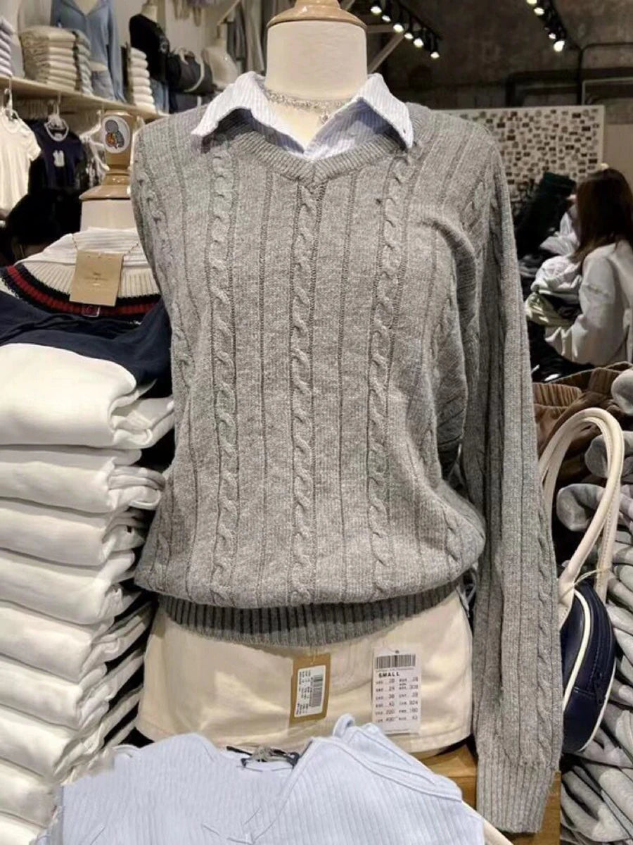 Aiertu - Autumn Winter Gray Twisted Flower Sweater Women Long Sleeve V Neck Knitted Pullover Preppy Style Vintage Casual Jumper 2025 New Aiertu