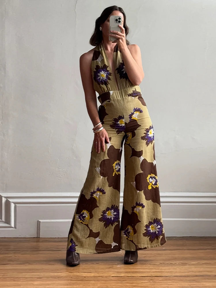 Aiertu - Printed Sequins Backless Halter Jumpsuits Women High Waist Deep V-neck Wide Leg Straight Jumpsuit Commute Holdiay Lady Romper Aiertu