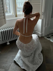 Aiertu - Deep V Stereo Flower Dress Swinging Collar Hanging Neck Strap Backless Halter Robes Sexy Suspender Long Dresses Women's Clothing Aiertu