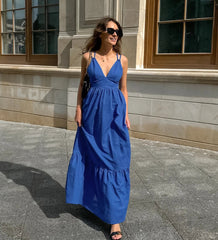 Aiertu - 2025 New Blue Casual Long Dress Women Sexy V Neck Sleeveless Backless Maxi Dresses Summer Elegant Fashion Female A-line Vestidos Aiertu