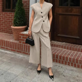 Aiertu - Khaki Suit Vest 2 Piece Set Spring V Neck Sleeveless Waistcoat+High Waist Pants Sets Elegant Fashion Casual Women's Suits New Aiertu
