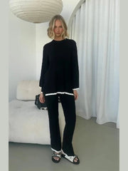Aiertu - 2026 Autumn Ruffle Basic Knitted Pants Set Round Neck Long Sleeves Top Wide Leg Trousers Suits Female 2026 Casual Office Outfits Aiertu