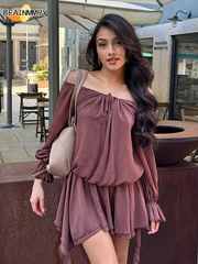 Aiertu - Chic Low Neck Lace Up Mini Dress Elegant Solid Flare Sleeve Pleated Off Shoulder Gown New Women Highstreet Holiday Dresses 2025 Aiertu