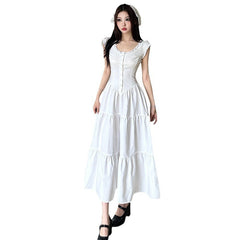 Aiertu - Women's Round Neck Single-breasted Sleeveless Stitching Lace Fresh Dress Aiertu
