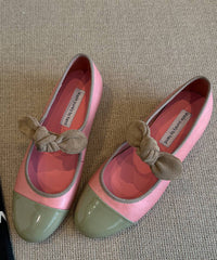 Aiertu Boutique Bow Splicing Flat Feet Shoes Green Cowhide Leather Aiertu