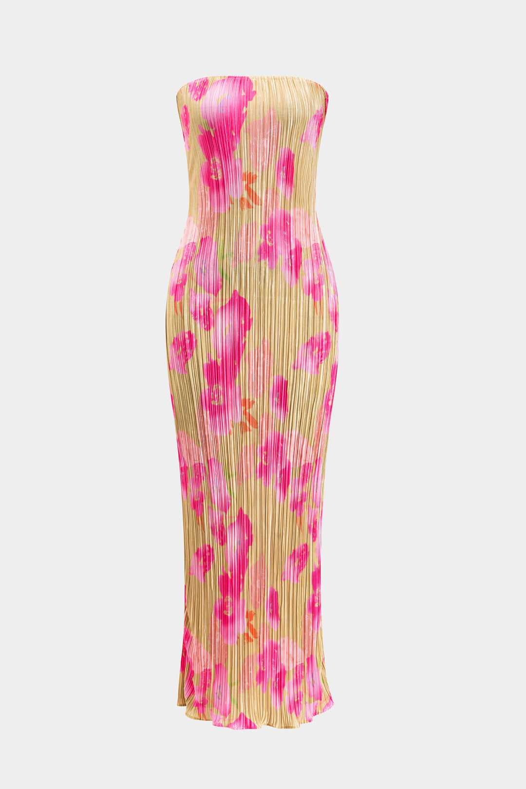 Aiertu - Floral Print Pleated Tie Back Strapless Maxi Dress Aiertu