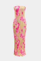 Aiertu - Floral Print Pleated Tie Back Strapless Maxi Dress Aiertu