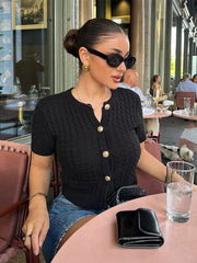 Aiertu - Round Neck Slim Fit Knitted Sweater Cardigan Short Sleeved Knitwear Slimming Thread Twist Comfort Top Women Fashion Autumn New Aiertu