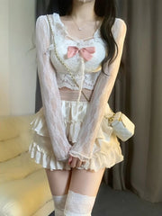 Aiertu - Elegant Sweet 2 Piece Skirt Sets Female Lace Pleated Y2k Crop Top + Cute Mini Cake Skirts Japanese Lolita Vintage Suits Summer Aiertu