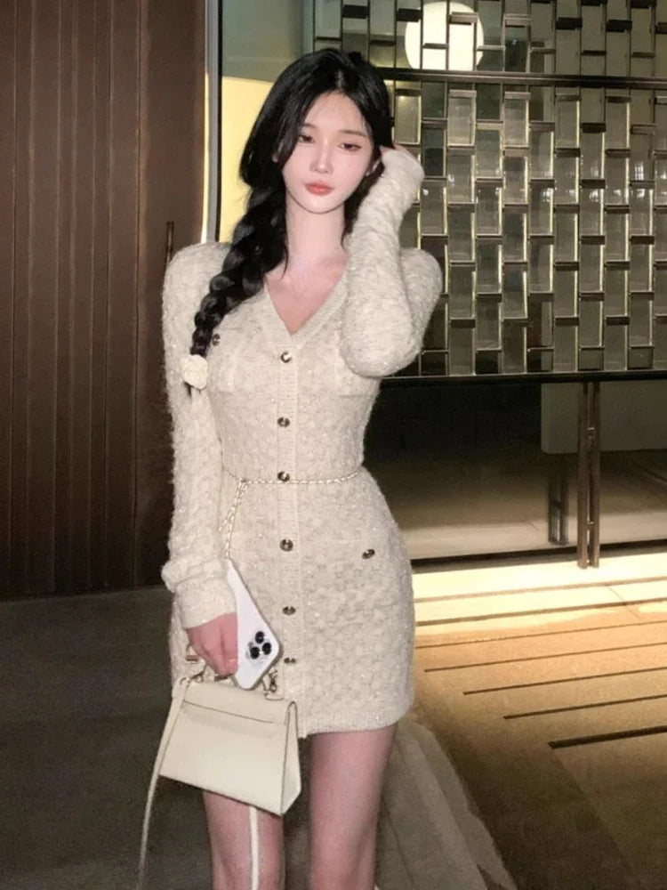 Aiertu DRESS TO IMPRESS French Elegant Slim Knitted Dress Short Party One Piece Dress Korean Fashion Winter Sexy Bodycon Y2k Mini Dress Woman Chic Aiertu