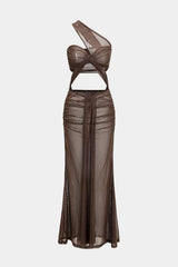 Aiertu -Mesh Ruched Crossed Cut Out Backless Maxi Dress aiertu