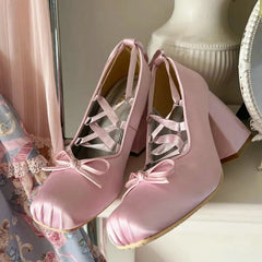 Aiertu - Minuet Pink Mary Jane High Heels Lolita Thick Heel Satin Ribbon Ballet Sandals For Women Pumps Aiertu