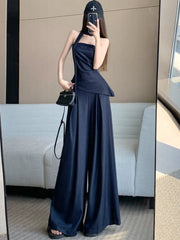 Aiertu - Advanced retro Tencel denim suit women's summer fashion sequin strapless top high waist wide leg pants skirt two-piece set Aiertu