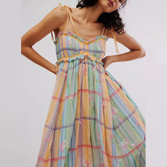 Aiertu - Elegant Tie-up Hight Waist Long Dress Women Sexy V-neck Sleeveless Suspender Dress Fashion Colorful Striped Pleated Party Dress Aiertu