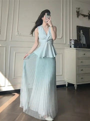 Aiertu - High-end temperament elegant set women spring summer V-neck sleeveless top pleated half body long skirt two-piece set Aiertu