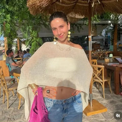 Aiertu - Thin See Through Irregular Knit Cover Ups Crop Tops Women Sexy Inclined Shoulder Summer Holiday Beach Smock Pullover Shawl Tees Aiertu