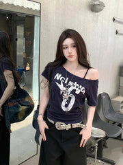 Aiertu - Y2k Sport Summer Off shoulder Top Women Sexy Vintage 2000s Short sleeve T shirt Lady Body Basic Crop Top Female Casual Aiertu