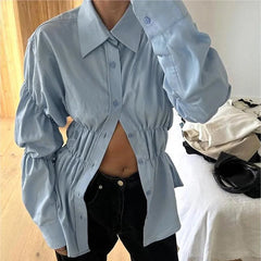 Aiertu - Elegant Fashion Shirring Button Shirt Women Casual Solid Long Sleeve Lapel Blouses Shirts Spring Slim Tops Tunic Blusas Streetwe Aiertu