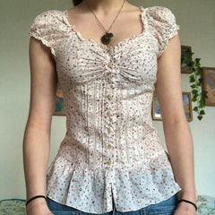 Aiertu - -Aiertu - - Floral Print Ruched A-line Blouse French Style Single-breasted Short Sleeve Top Chic Slimming Tie-up Collar Shirts Cute Aiertu