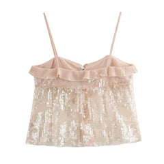 Aiertu - Women Chic Ruffles Sequined Design Chiffon Sling Camis 2025 New Lady Backless See Through Short Crop Shirt Blouse Tank Tops Aiertu