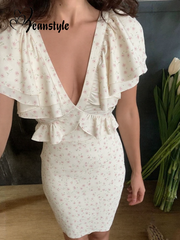 Aiertu Elegant Floral Printed Ruffle Hem Dress Women Chic V-neck High Waist Slim Fit Long Dresses 2025 Summer Holiday Lady Vestidos Aiertu