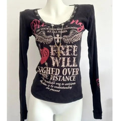 Aiertu - American Gothic Lettering Printed Long-sleeved T-shirt Women Retro Millennium Babes Rock Sexy Casual Harajuku Casual Y2K Top Aiertu
