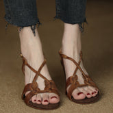 Aiertu PeepToe Retro Shoes Women Cow Suede Leather French Style Sandals High Heel 6.5CM Handmade Vingtage Shoes Summer Sandals Aiertu