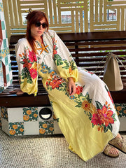Aiertu - Print Linen Dress Women Elegant Loose Lace Up V Neck Vintage Vestidos Female Summer Long Sleeves Fashion High Waist Robe Aiertu