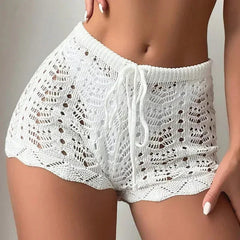 Aiertu - Spring Hotsweet Casual High Waist Solid Color Shorts Women's Beach Style Elastic Waist Lace-up Slim Fit White Shorts Aiertu