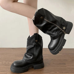 Aiertu - Autumn Women's Knee High Boots Western Round Toe Long Boots Women Western Shoes Chunky Heel Platform Women Aiertu