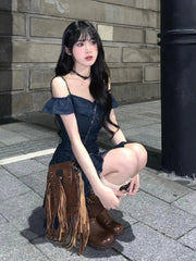 Aiertu - Sweet Hot Girl Retro Off Shoulder Denim Dress for Women's Summer Casual Slim Fit A-line Short Strap Dress Fashion Female Clothes Aiertu