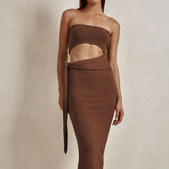 Aiertu - Y2K Women Wrap Hip Lace Up Knitwears Dress Fashion Knitted Strapless Dress Cut Out Bandage Bodycon Midi Slit Tube Top Dresses Aiertu