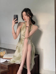 Aiertu Vintage Sexy Sleeveless Neck-mounted Party Maxi Dresses for Women Halter Spaghetti Strap Folds Midi Dress Elegant Fashion Summer Aiertu
